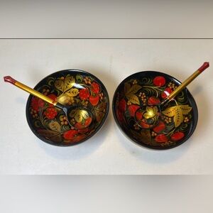 (2) Khokhloma Russian Folk Art Hand Painted Wooden Bowls & Spoons